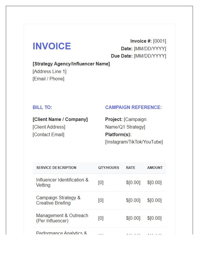 Influencer Marketing Strategy Invoice Template