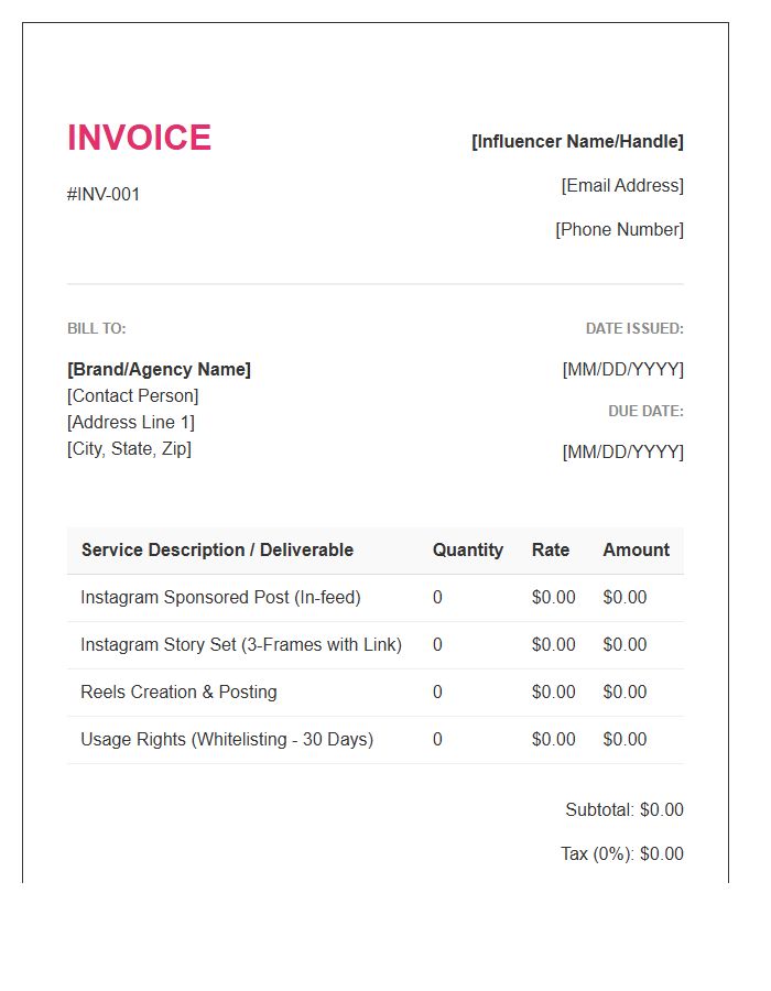Instagram Influencer Services Invoice Template