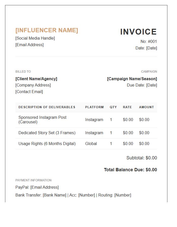 Lifestyle Influencer Sponsorship Invoice Template