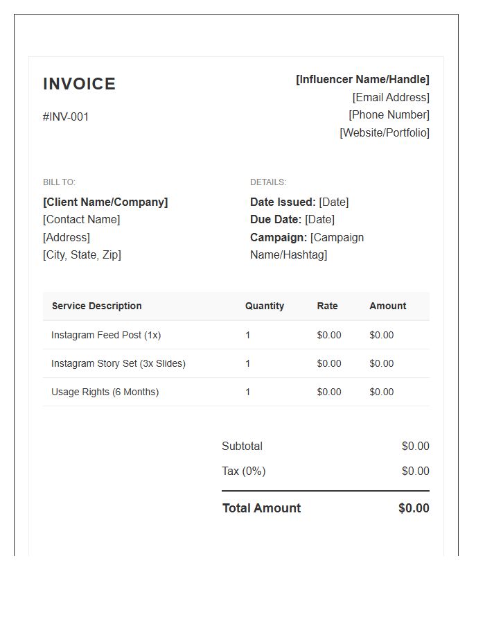 Micro Influencer Promotional Invoice Template