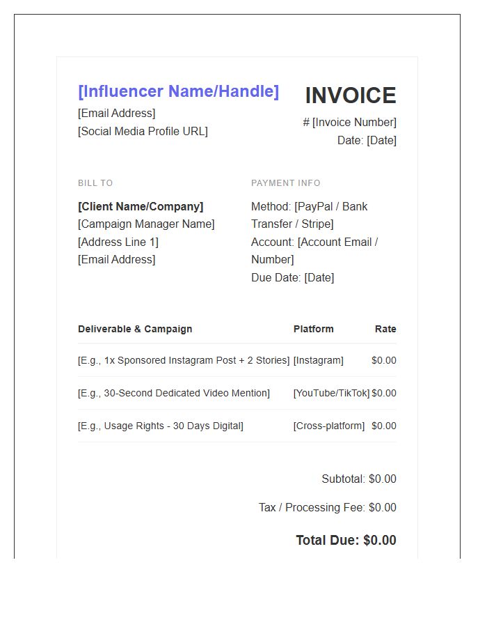 Niche Influencer Outreach Invoice Template