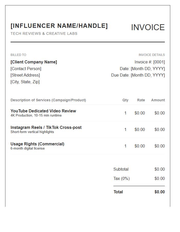 Tech Influencer Review Invoice Template
