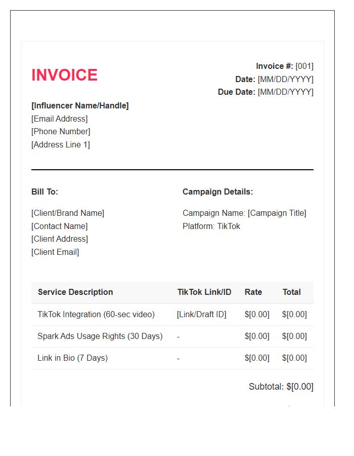 TikTok Influencer Marketing Invoice Template