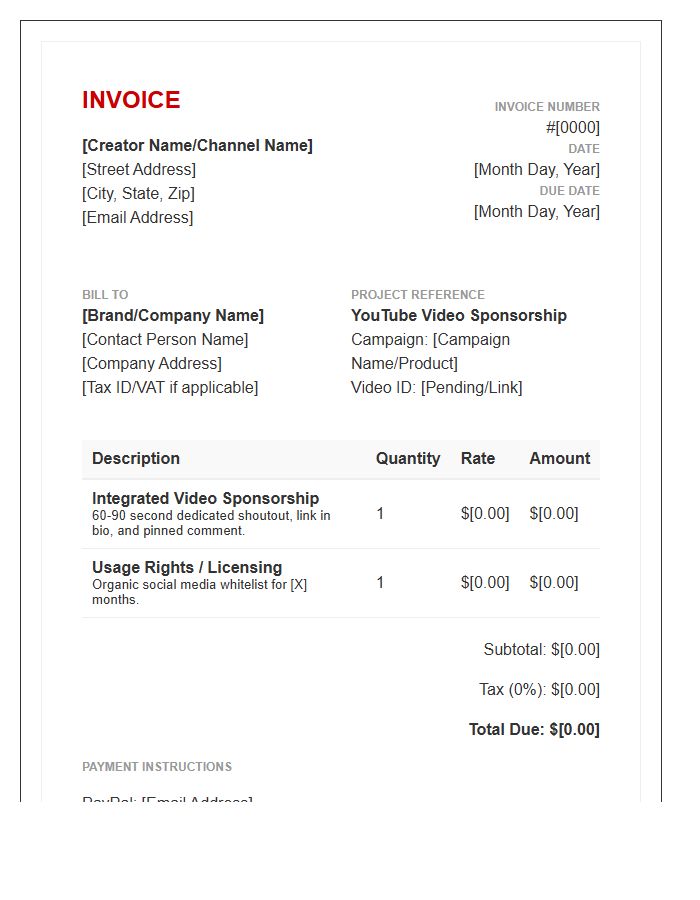 Youtube Sponsored Video Invoice Template