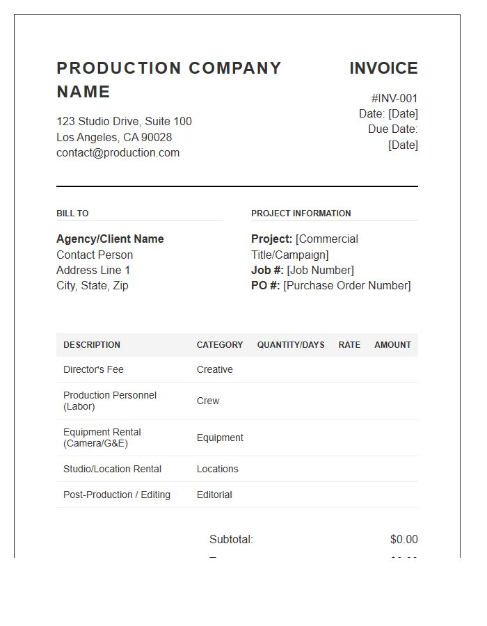 Commercial Film Production Invoice Template