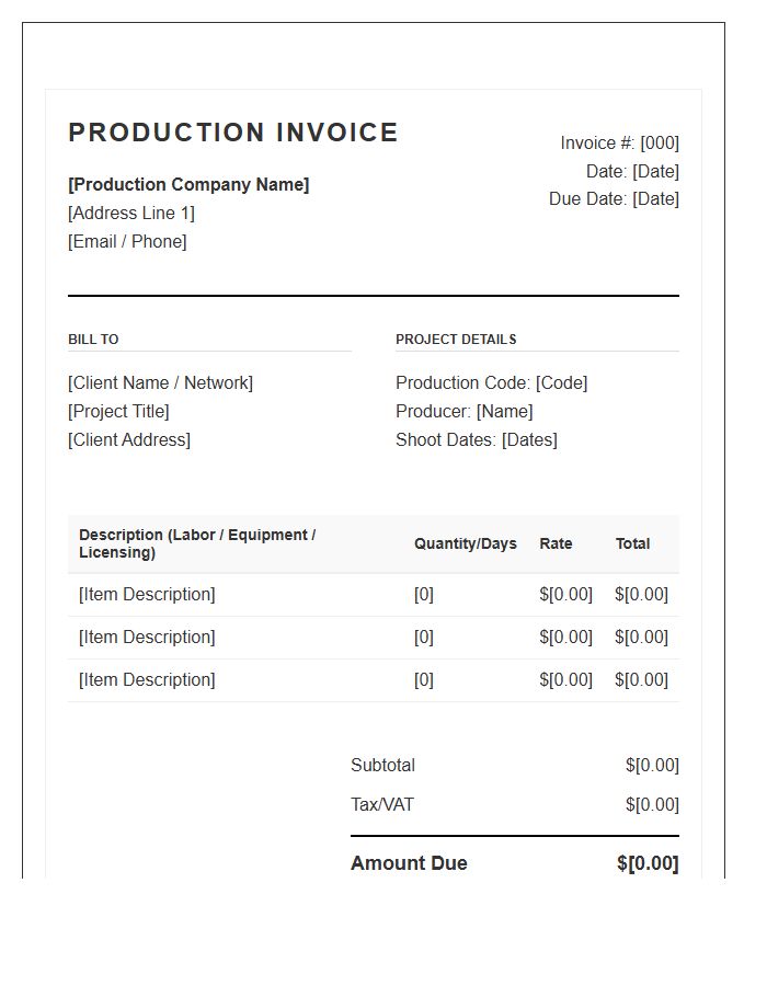 Documentary Production Invoice Template
