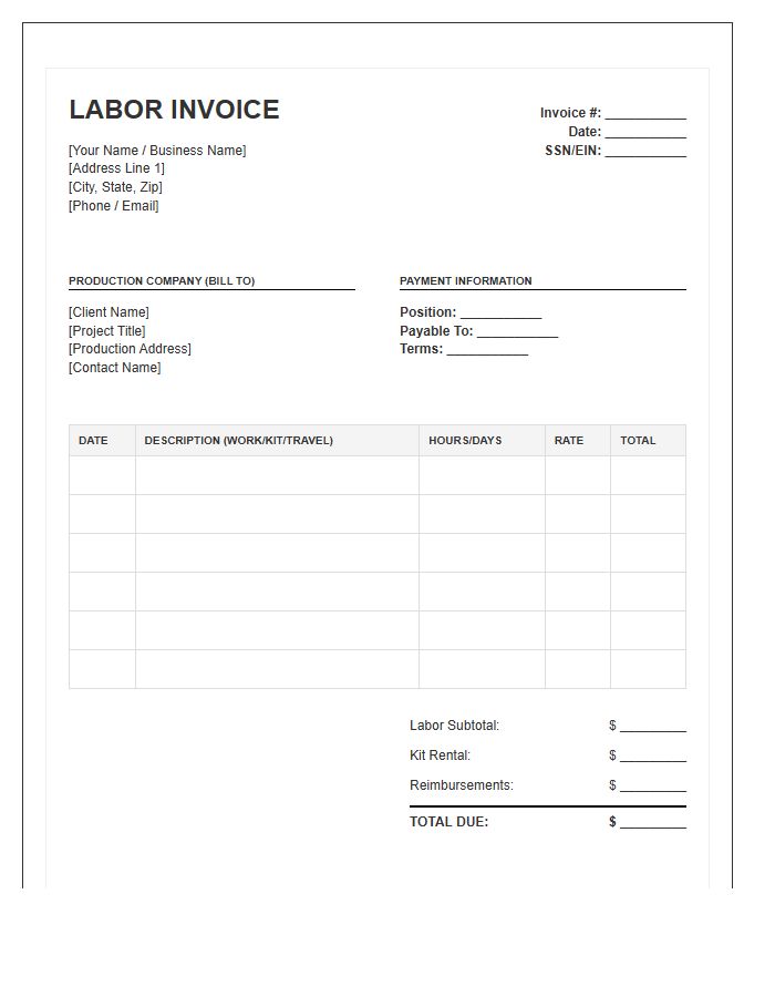 Film Crew Labor Invoice Template