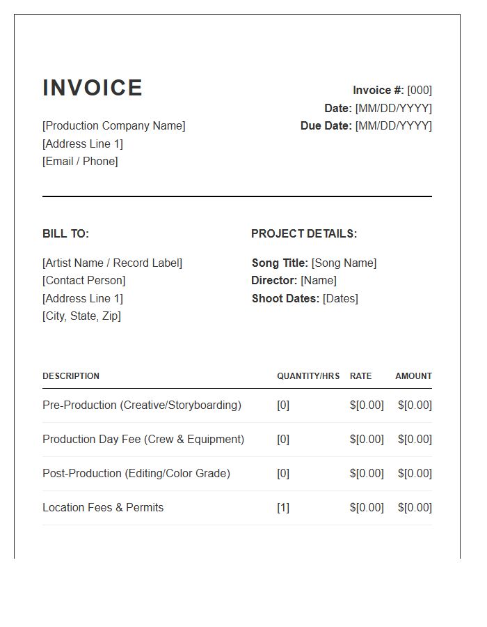 Music Video Project Invoice Template