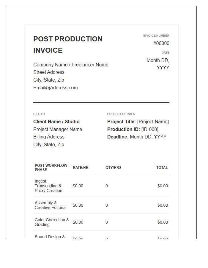 Post Production Workflow Invoice Template
