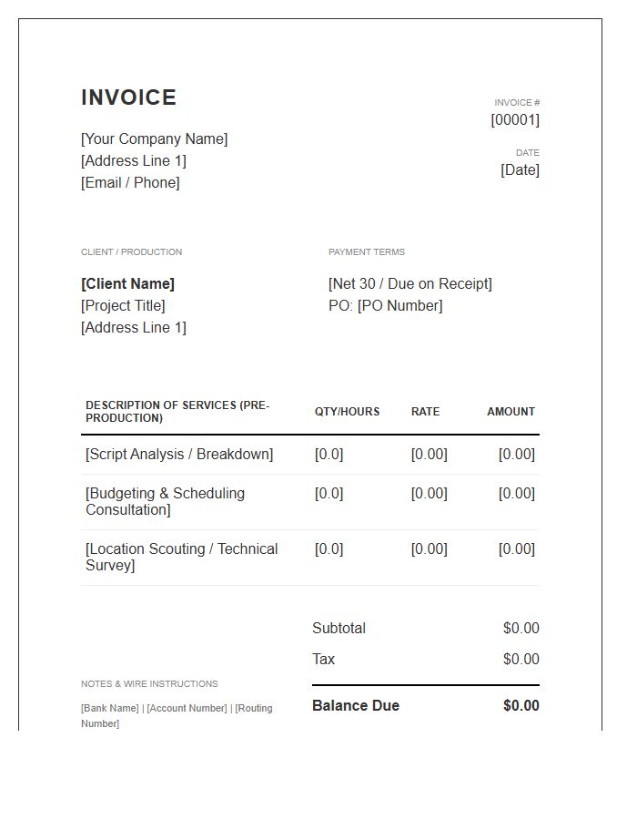 Pre Production Consulting Invoice Template