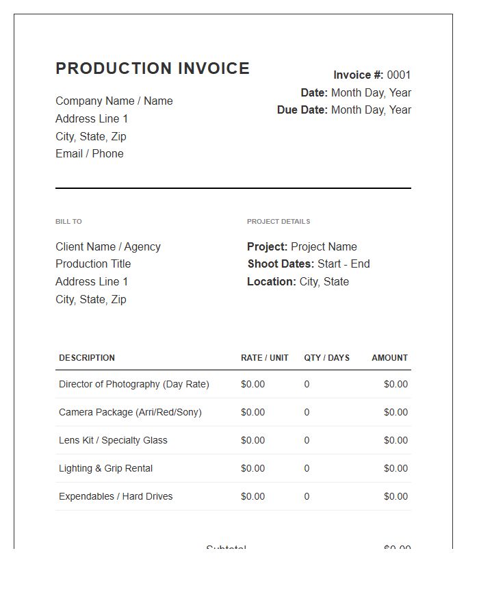 Professional Cinematography Invoice Template