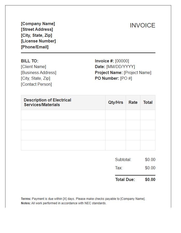 Commercial Electrical Work Invoice Template