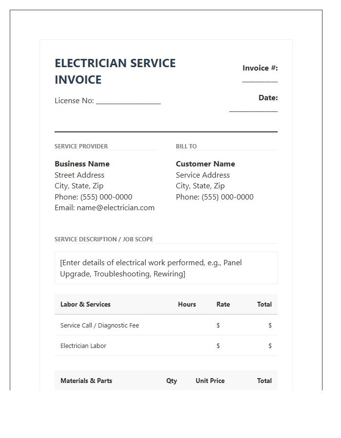 Detailed Electrician Service Invoice Template