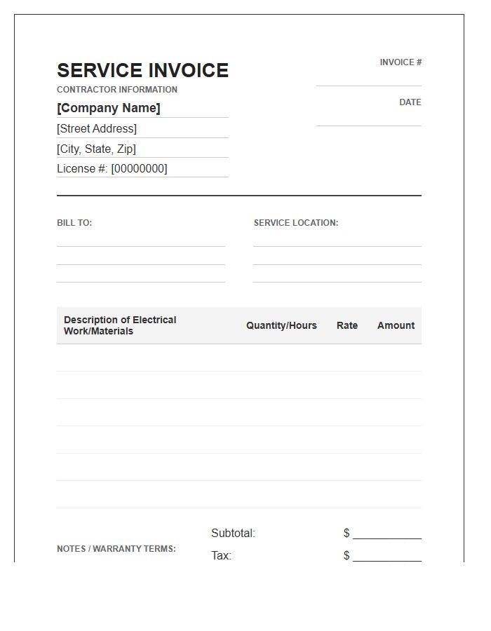 Electrical Contractor Service Invoice Template