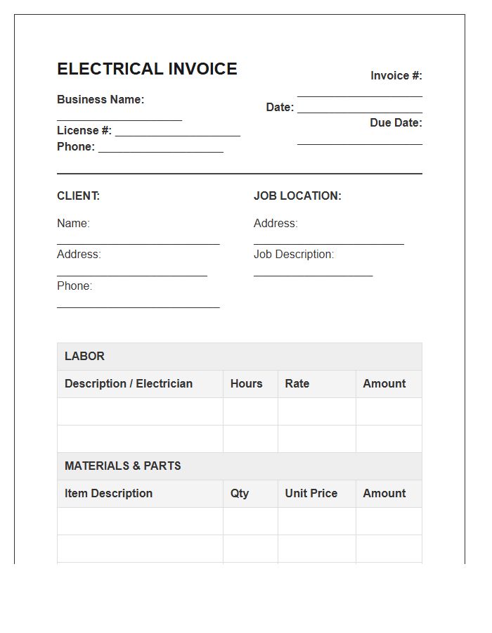 Electrician Labor And Materials Invoice Template