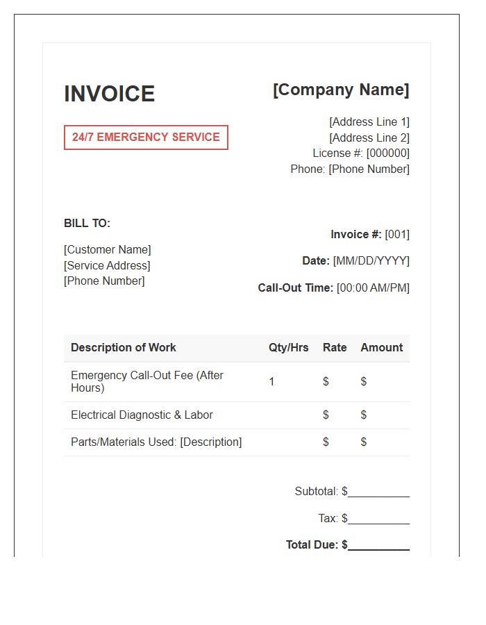 Emergency Electrician Service Invoice Template