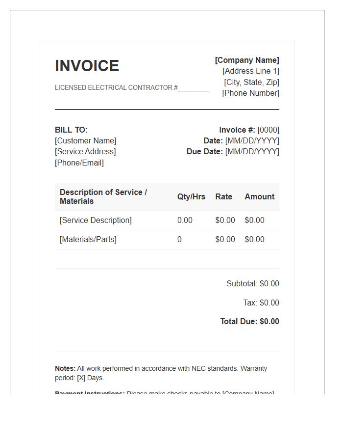 Licensed Electrician Service Invoice Template