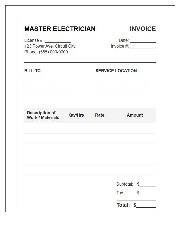 Master Electrician Service Invoice Template