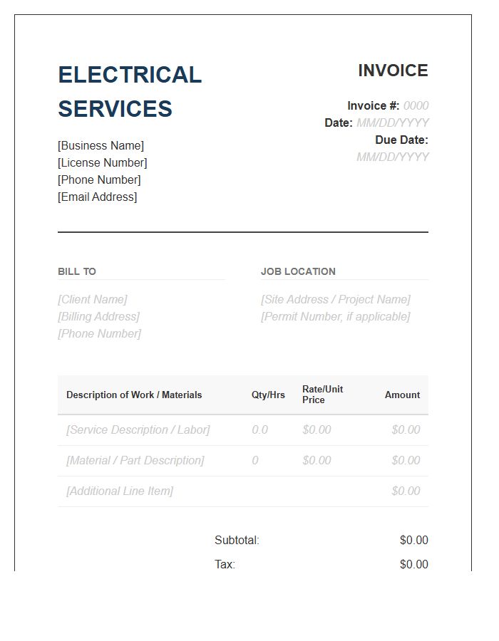 Professional Electrical Service Invoice Template