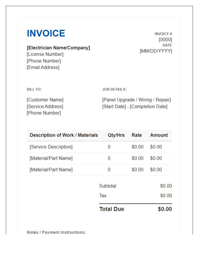 Residential Electrician Service Invoice Template