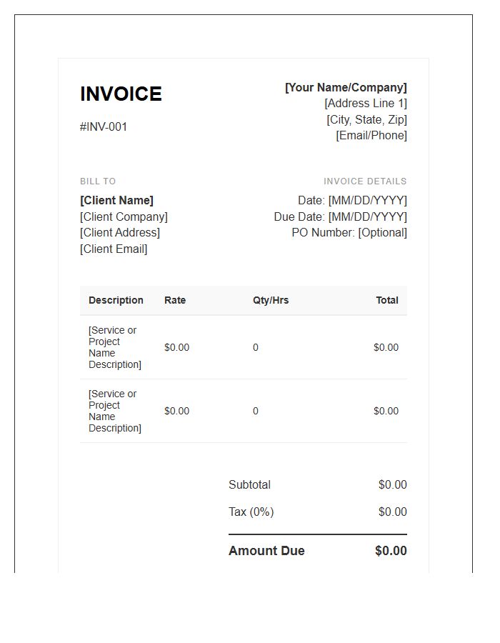 Freelance Professional Invoice Template For Contractors