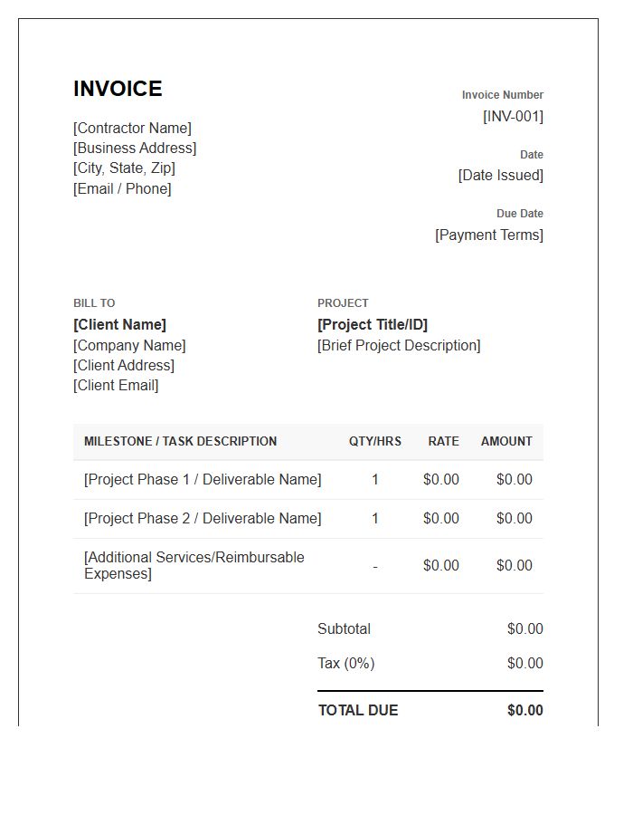 Independent Contractor Project Based Invoice Template