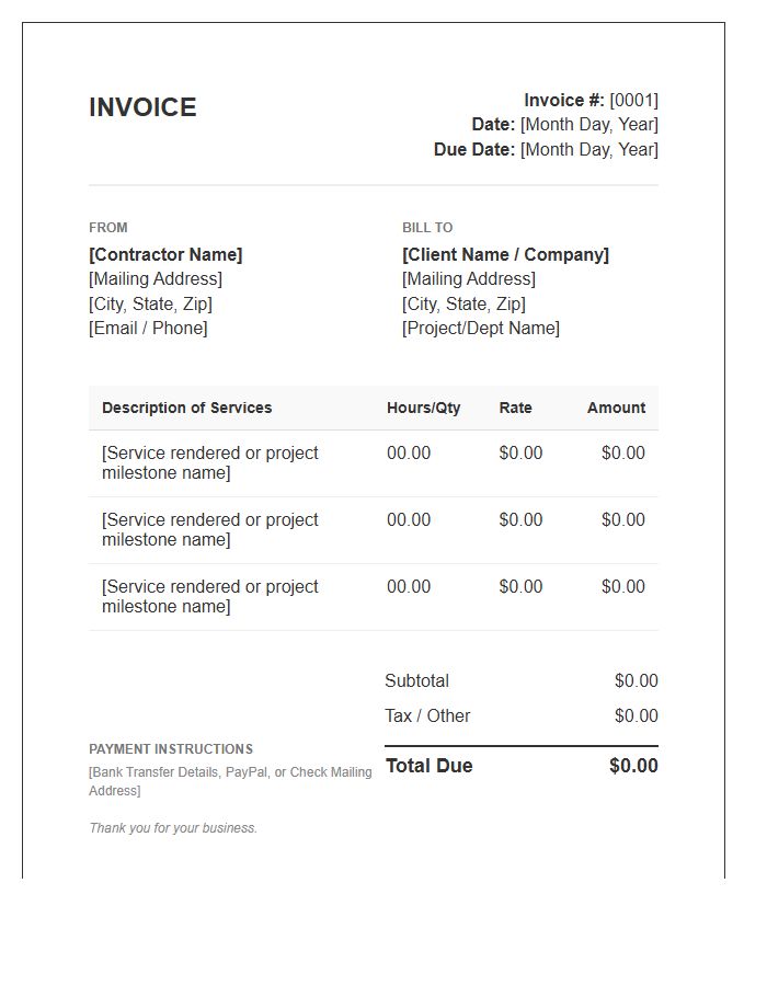 Monthly Independent Contractor Invoice Template