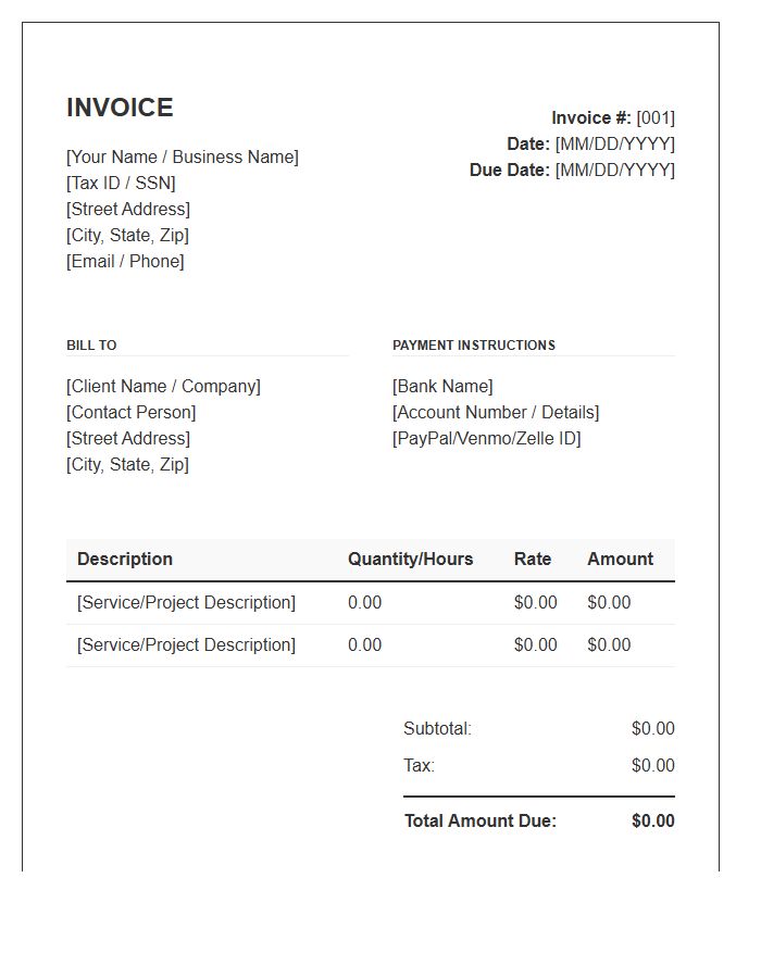 Sole Proprietor Independent Contractor Invoice Template