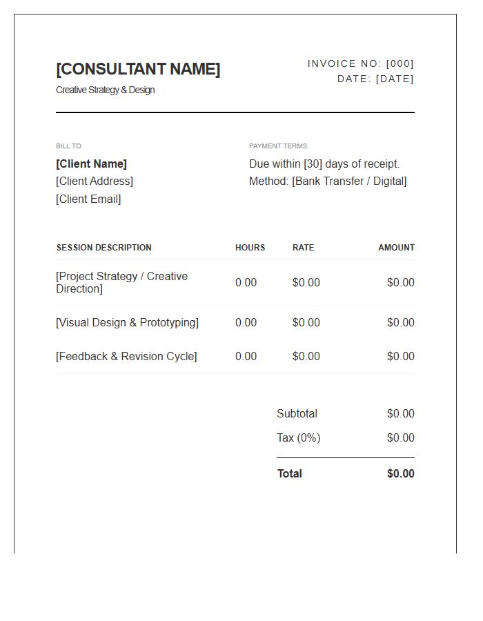 Creative Consultant Hourly Session Invoice Template