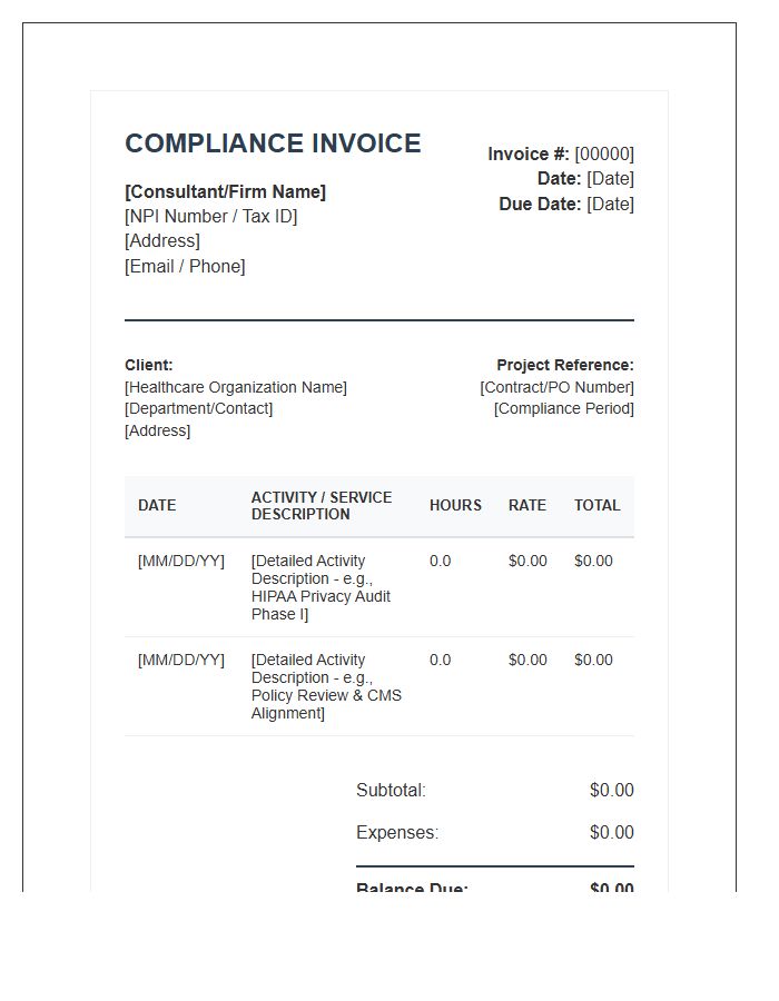 Healthcare Consultant Hourly Compliance Invoice Template