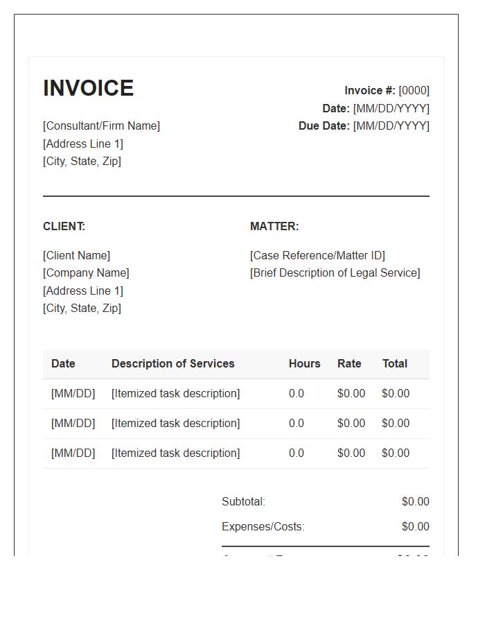 Legal Consultant Hourly Billing Statement Invoice Template