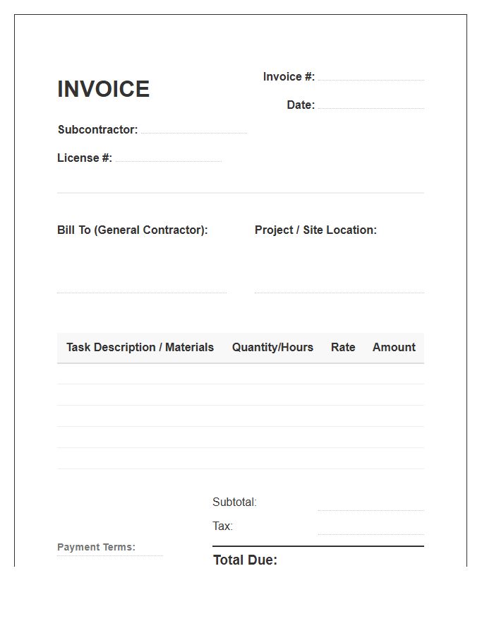 Carpentry Subcontractor Task Invoice Template