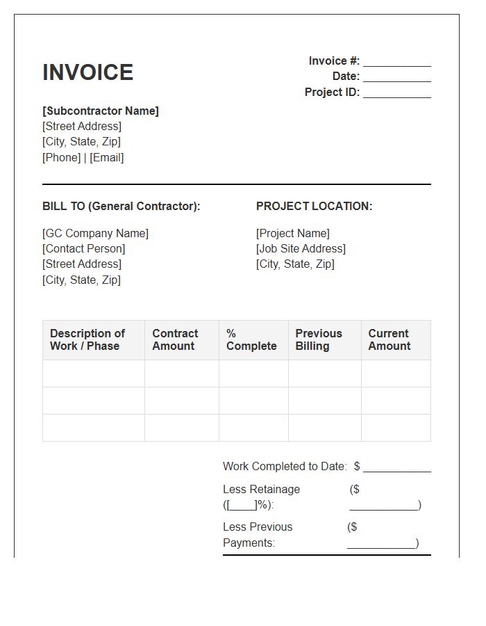 Commercial Subcontractor Construction Invoice Template