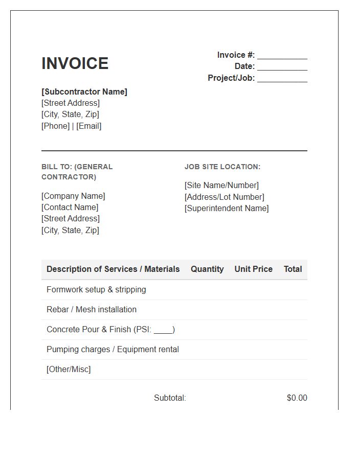 Concrete Subcontractor Service Invoice Template