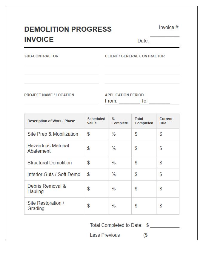 Demolition Subcontractor Progress Invoice Template
