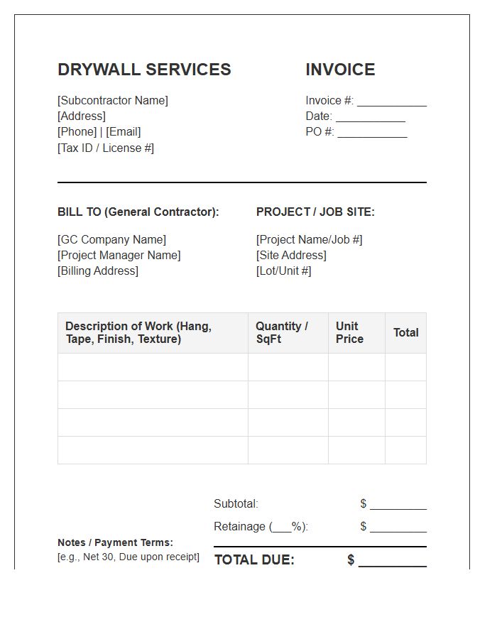 Drywall Subcontractor Billing Invoice Template