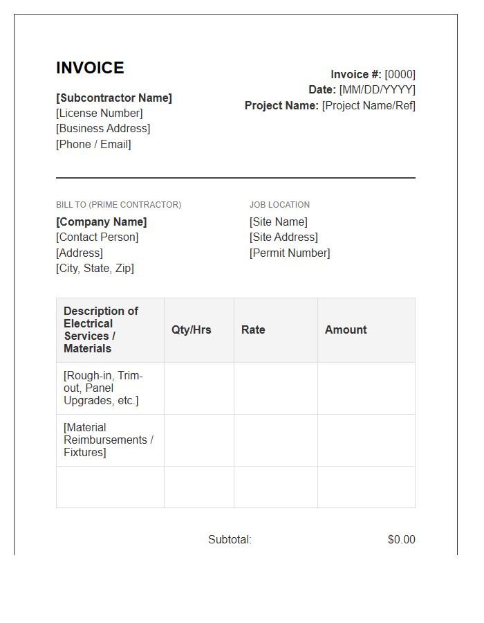Electrical Subcontractor Services Invoice Template