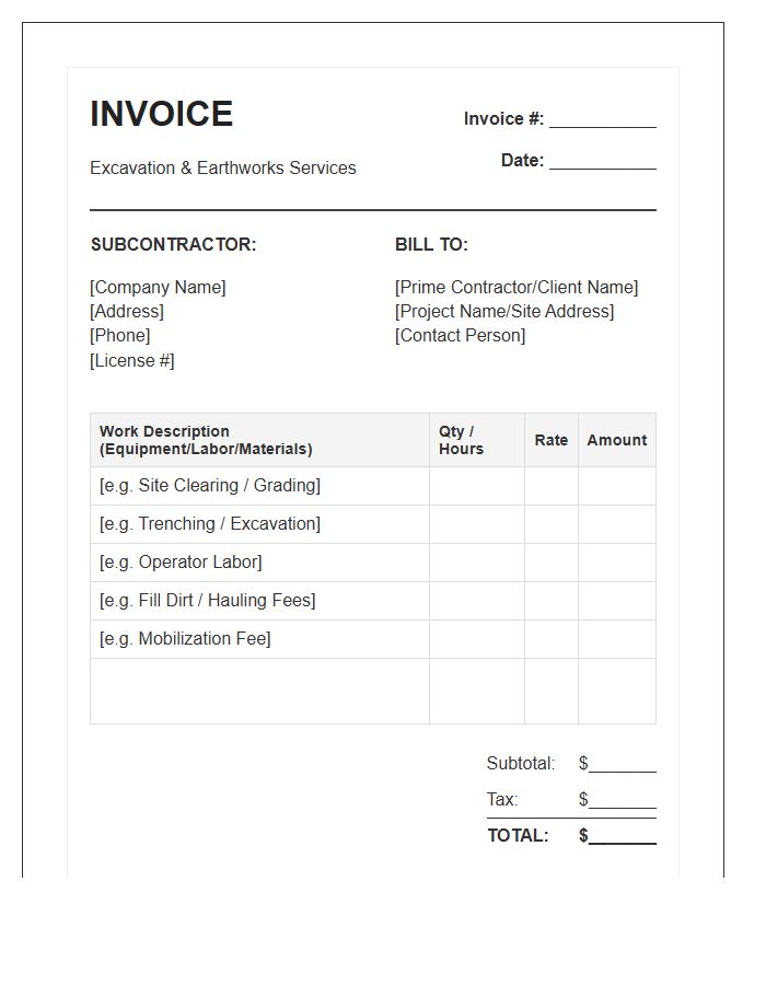 Excavation Subcontractor Site Invoice Template
