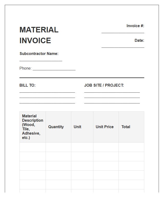 Flooring Subcontractor Material Invoice Template