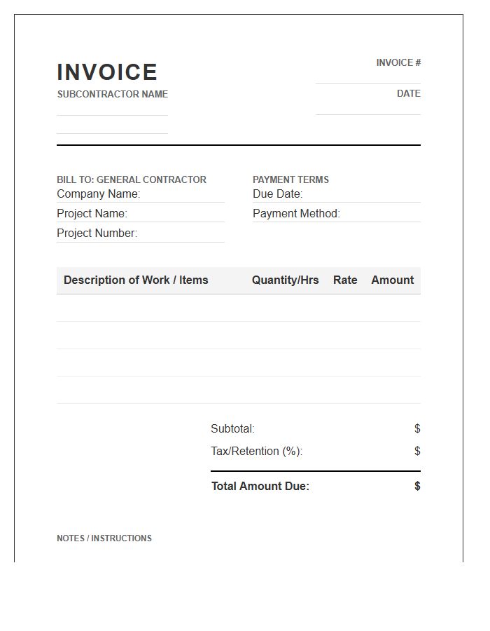 General Contractor Subcontractor Invoice Template