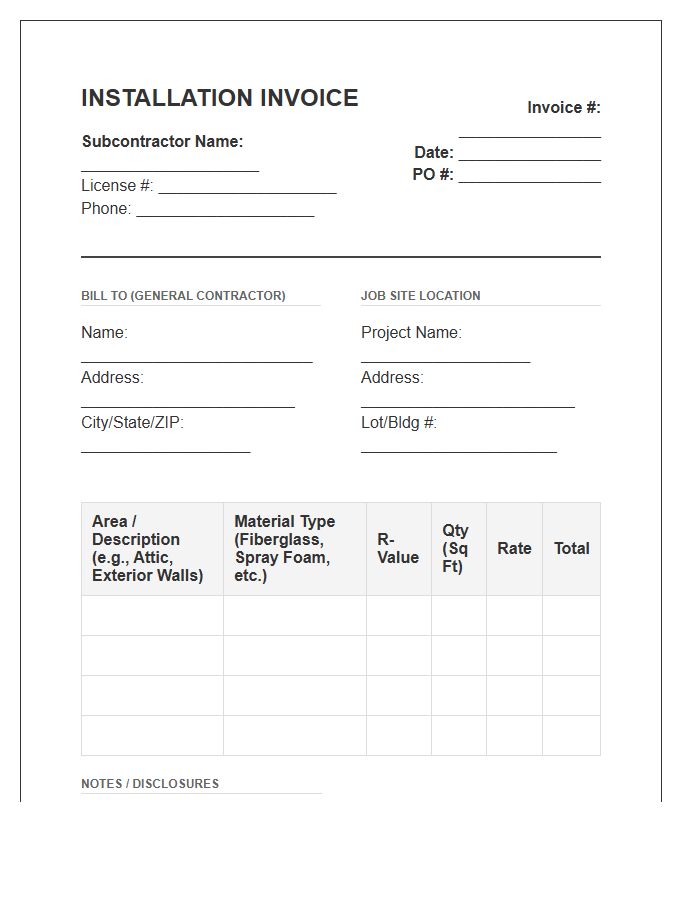 Insulation Subcontractor Installation Invoice Template