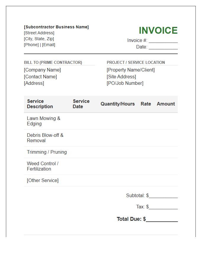 Landscaping Subcontractor Maintenance Invoice Template
