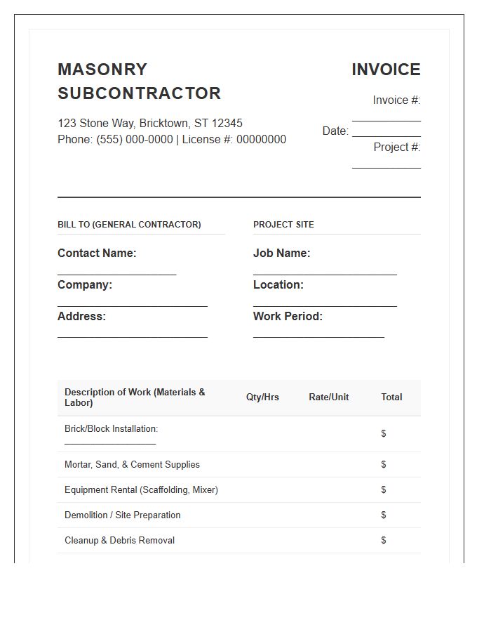 Masonry Subcontractor Construction Invoice Template