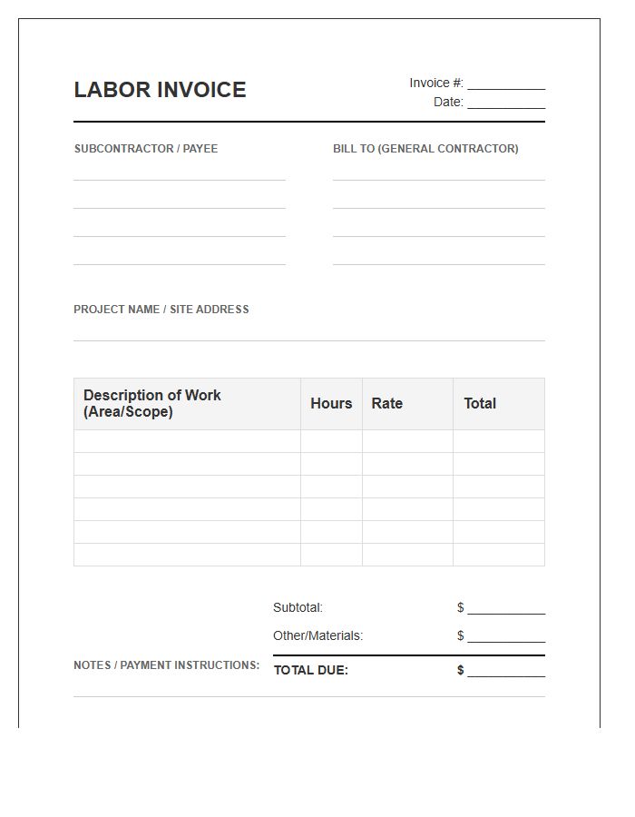 Painting Subcontractor Labor Invoice Template