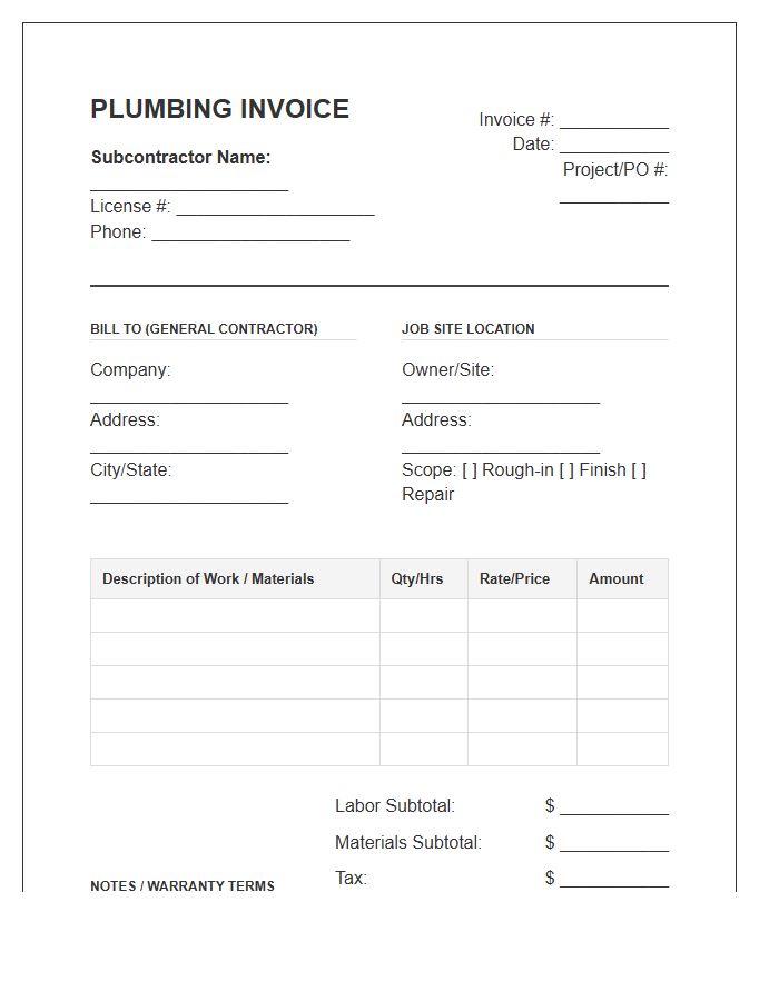 Plumbing Subcontractor Work Invoice Template
