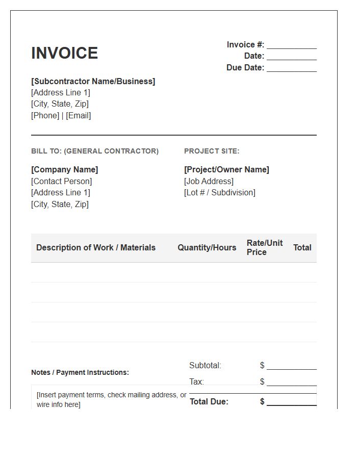 Residential Subcontractor Work Invoice Template