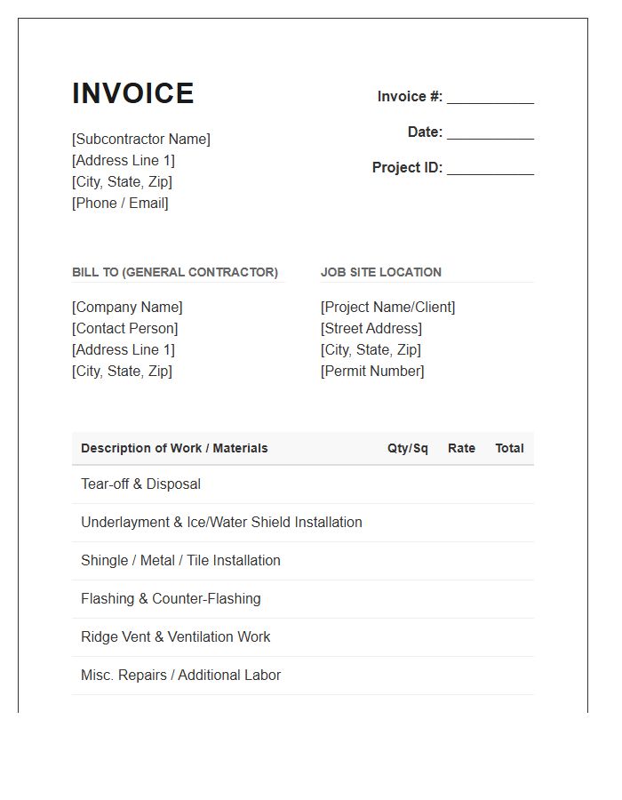 Roofing Subcontractor Project Invoice Template