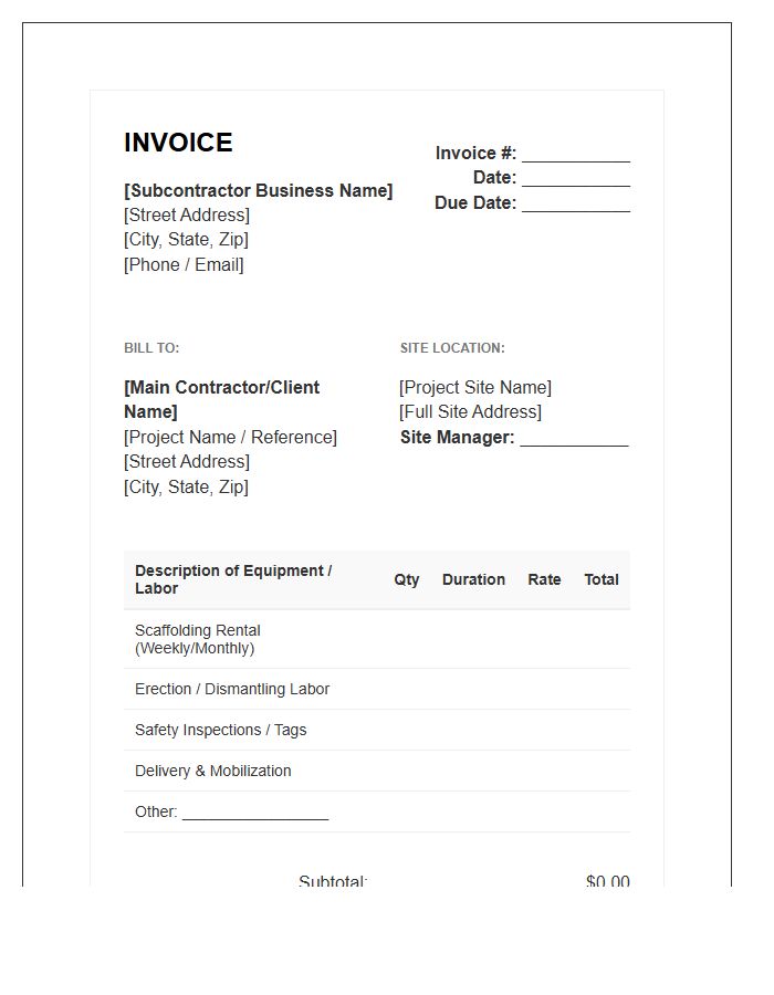 Scaffolding Subcontractor Rental Invoice Template