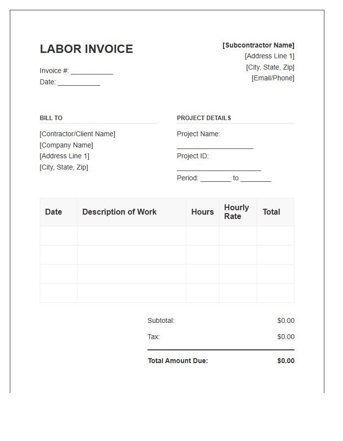 Subcontractor Hourly Labor Invoice Template