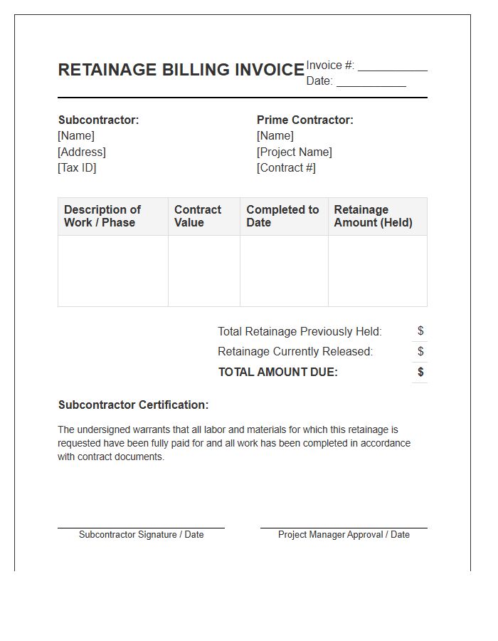 Subcontractor Retainage Billing Invoice Template